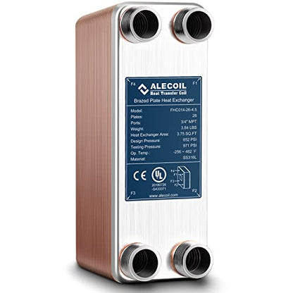 ALECOIL 3"x8" 26 Plates Heat Exchanger with 3/4" MPT Port Water to Water 316L Stainless Steel Brazed Plate Heat Exchanger for Water Heating, Floor Heating, Commercial and Industrial Refrigeration - size: 3"X8"-26P