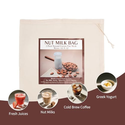 Nut Milk Bags, All Natural Cheesecloth Bags, 12"x12", 2 Pack, 100% Unbleached Cotton Cloth Bags for Tea/Yogurt/Juice/Wine/Soup/Herbs, Durable Washable Reusable Almond Milk Strainer(WEAVE 65x52)