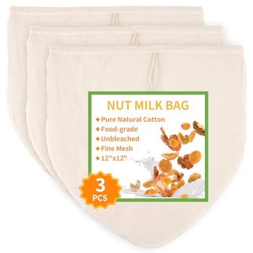 3 Pcs 12"x12" Nut Milk Bag, Natural Unbleached Cotton Cheese Cloth Bag for Straining, Reusable Strainer Bag for Oat Almond Milk, Cheese Making, Yogurt, Juice, Cold Brew Coffee, Beer Tea (12x12 Inch) - size: 12x12 Inch
