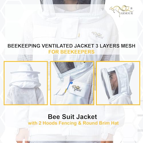 Beekeeping Ventilated Jacket 3 Layers Mesh for Beekeepers, Bee Suit Jacket with 2 Hoods Fencing & Round Brim Hat (Large) - size: Large