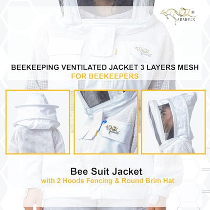 Beekeeping Ventilated Jacket 3 Layers Mesh for Beekeepers, Bee Suit Jacket with 2 Hoods Fencing & Round Brim Hat (Large) - size: Large