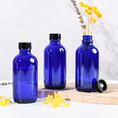 Small Glass Bottles with Lids Boston Round Shot Bottles for Health, Immunity, Ginger Juice, Essential Oils, Potion - Leak Proof Mini Travel Containers (Blue UV, 4oz-24Pack) - color: Blue UV, size: 4oz-24Pack