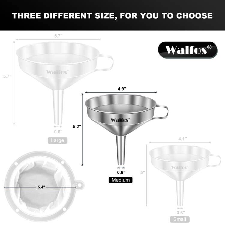 Stainless Steel Funnel, Walfos Kitchen Funnel with 2 Removable Strainer ＆ 1Pc Cleaning Brush, Perfect for Transferring of Liquid, Oils, Jam, Dry Ingredients & Powder (Big, 4.9") - color: 1pcs funnel 4.9 inch
