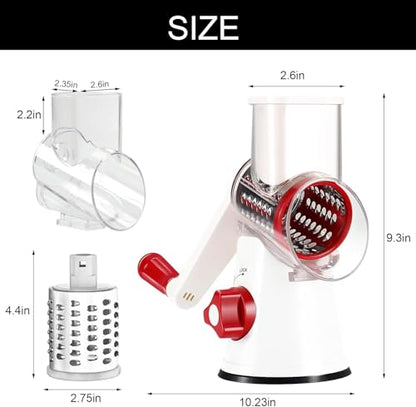Cambom Rotary Cheese Grater Hand Crank Cheese Shredder for Fresh Cheese, Vegetable, Nuts,Non-slip Suction Base, Free Cleaning Brush Three Blades,Red White - color: Red+White, size: 3 BLADES