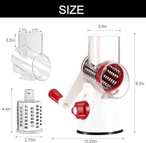 Cambom Rotary Cheese Grater Hand Crank Cheese Shredder for Fresh Cheese, Vegetable, Nuts,Non-slip Suction Base, Free Cleaning Brush Three Blades,Red White - color: Red+White, size: 3 BLADES