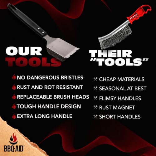 Bristle Free Grill Brush Cleaner and Scraper for Barbecue, Replaceable Head | Safe Bristle-Free Stainless Steel Scrub Pad with Heavy-Duty Scraper & Long Black Handle, Safe on Any Grill Grate - color: Black