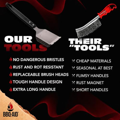 Bristle Free Grill Brush Cleaner and Scraper for Barbecue, Replaceable Head | Safe Bristle-Free Stainless Steel Scrub Pad with Heavy-Duty Scraper & Long Black Handle, Safe on Any Grill Grate - color: Black