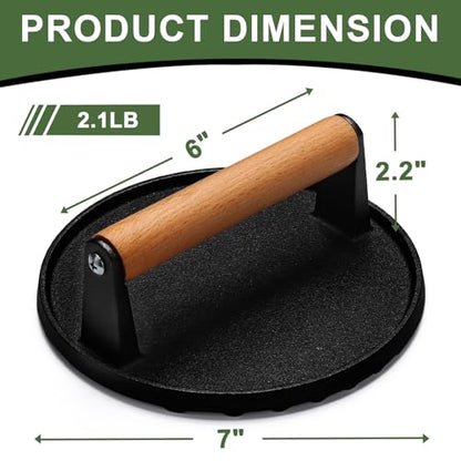 EWFEN Burger Press, 7" Round Heavy-Duty Cast Iron Smash Bacon Press Meat Steak with Wood Handle for Griddle, Sandwich, Nonstick Pan - size: Round