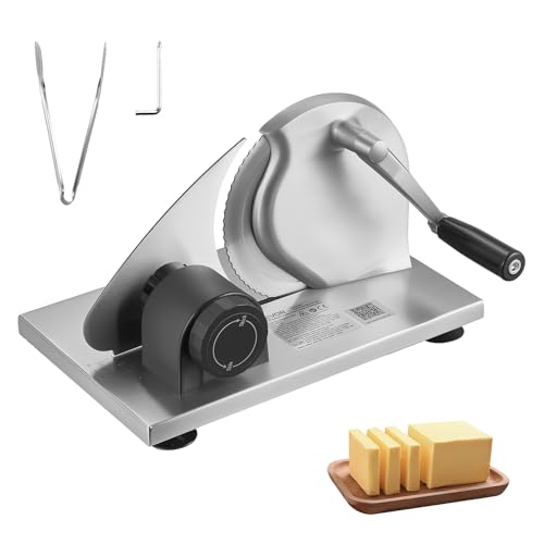 VEVOR Manual Bread Slicer, 0-0.6" Adjustable Thickness Cheese Cutter, Hand Cranked Slicer for Homemade Bread - with Serrated Stainless Steel Blade for Kitchen, Restaurant, Bakery, Party - size: 12.2 x 10.04 x 7.48 in
