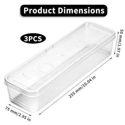 3 Pack Stackable Refrigerator Organizer Bins with Lids & Drain Tray, Clear Plastic Food Storage Containers, 10.5 Inch Long Airtight Box for Fruit, Vegetable, Meat, Fish, Kitchen Organization