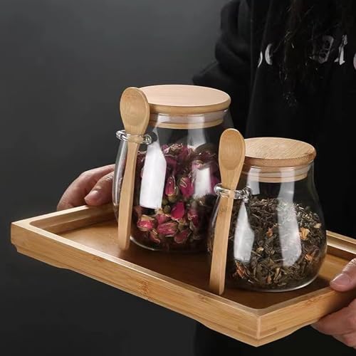 Airtight glass jar storage container with bamboo lid Set of 4, wide mouth, leak-proof, With a spoon, can be used for coffee beans, tea leaves, grains, dried fruits, etc (Large*4PCS) - color: Large*4PCS