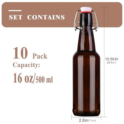 16.5oz Amber Swing Top Glass Bottles for Airtight Lids, Home Brewing and Fermentation Kombucha, Vanilla Extract, Beverage, Water, Kefir (10 Pack)