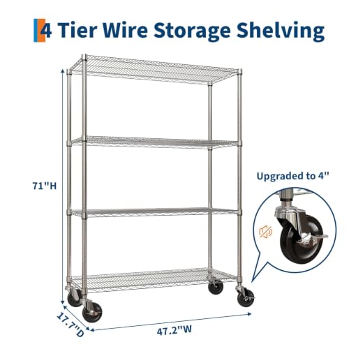 Garvee 4-Tier Wire Shelving with Wheels, Metal Storage Shelves Heavy Duty 1760LBS, Chrome Plating, NSF, Adjustable Utility Shelf Rack for Kitchen, Garage, Pantry, Commercial, 47.2" Wx17.7 Dx70.9 H - size: 17.72"D x 47.2"W x 70.9"H - 4 Tier
