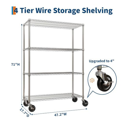 Garvee 4-Tier Wire Shelving with Wheels, Metal Storage Shelves Heavy Duty 1760LBS, Chrome Plating, NSF, Adjustable Utility Shelf Rack for Kitchen, Garage, Pantry, Commercial, 47.2" Wx17.7 Dx70.9 H - size: 17.72"D x 47.2"W x 70.9"H - 4 Tier