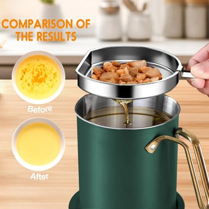 Chihee Grease Container Stainless Steel 2L / 67.6 fl oz Fine Mesh Strainer | Easy to Clean Large Spout Bacon Grease Saver Cooking Oil Keeper Stoarge Can with Dust-proof Lid Non-slip Tray Kitchen Frying - color: Dark green/Golden(2L)