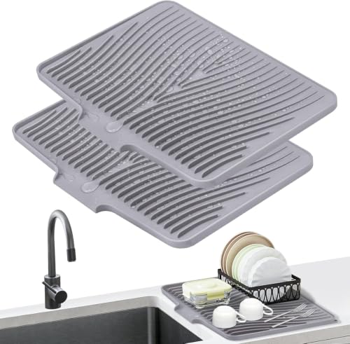 Silicone Dish Drying Mat for Kitchen counter, 15.8"x13" 2Pcs Extra Large Non-Slip Drain Pad with Built-in Drainage, Heat Resistant Dishwasher Safe, Grey - color: Grey-2pcs, size: 15.8" x 13"