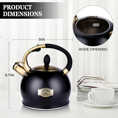 SUSTEAS Stove Top Whistling Tea Kettle - Food Grade Stainless Steel Teakettle Teapot with Cool Touch Ergonomic Handle, With 1 Silicone Pinch Mitt Included, 2.64 Quart(BLACK) - color: Black