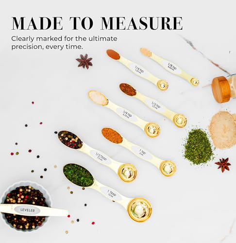 White and Gold Magnetic Measuring Spoons – Stainless Steel Double Sided Measuring Spoons for Cooking and Baking – Cute White and Gold Kitchen Accessories, Ideal for Gifting - color: White & Gold
