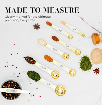 White and Gold Magnetic Measuring Spoons – Stainless Steel Double Sided Measuring Spoons for Cooking and Baking – Cute White and Gold Kitchen Accessories, Ideal for Gifting - color: White & Gold