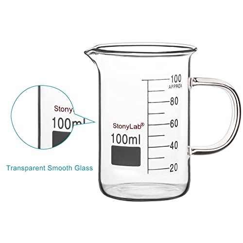 stonylab Glass Beaker with Handle, Borosilicate Glass Graduated Low Form Griffin Beaker with Handle and Pouring Spout, 100 ml (Pack of 2) - size: 100 ml (Pack of 2)