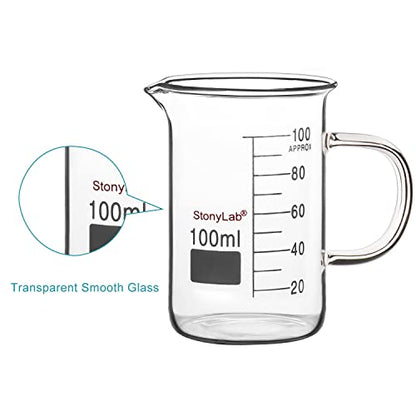 stonylab Glass Beaker with Handle, Borosilicate Glass Graduated Low Form Griffin Beaker with Handle and Pouring Spout, 100 ml (Pack of 2) - size: 100 ml (Pack of 2)