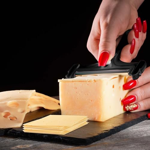 Cheese Slicer Kit, Stainless Steel Adjustable Thickness Iron Handheld Block Cheese Plane with 8 Extra Wires Charcuterie Cutter Curler Shaver Knife Board Accessories for Mozzarella Cheddar(Black)