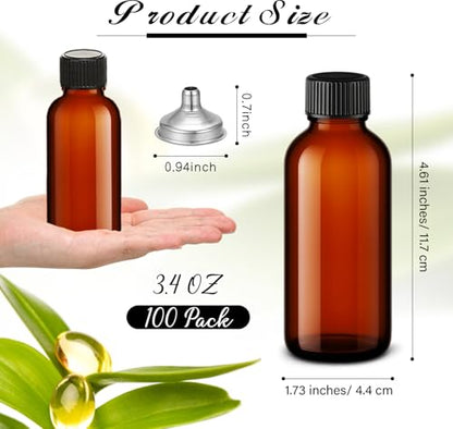Hsei 100 Pcs Amber Glass Boston Round Bottles with Black Cap Brown Sample Bottle Small Glass Containers with Lids and Funnel Chalk Labels Pen for Vanilla Extract Essential Oils (3.4 oz) - size: 3.4 oz