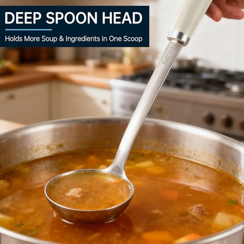 Safring Stainless Steel Soup Ladle and Spaghetti Spoon Set, Heat Resistant Rubber Handle, Dishwasher Safe, Kitchen Utensils for Cooking, Stirring, Serving Pasta, Soup & Sauce (Beige) - color: Beige