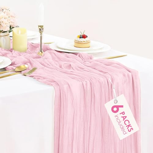 6 Pack Light Pink Table Runner Cheese Cloth Summer Rustic Sheer Gauze Cheesecloth Table Runner 120 Inch 10 FT for Wedding Baby Shower Bridal Shower Party Home Decorations - color: Blush Pink, size: 10ft x 6pcs