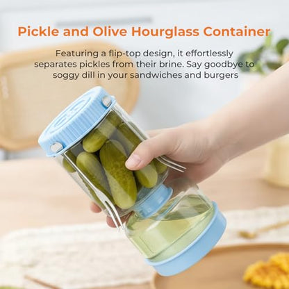 Pickle Jar with Strainer Flip, Pickle Container with Strainer with Two Forks, Airtight Glass Pickle Jar for Fermentation, Olive Jar with Date Tracker Lid, Jalapeno Container with Gas Port (Blue) - color: Blue