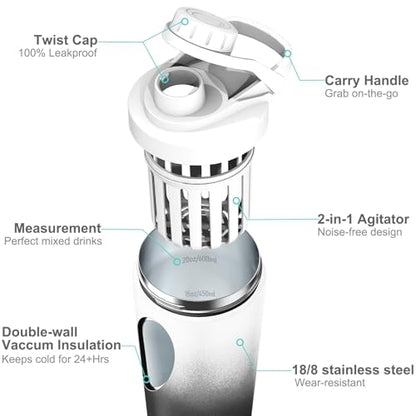 Stainless Steel Shaker Bottle with Noise-Free Design - Patented 24 oz Insulated Metal Shakers Bottles Cup for Protein Mixes and Pre Workout 100% Leak Proof (Day Night) - color: Day Night