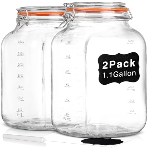 [UPGRADE] 2 Pack Square Super Wide Mouth Airtight Glass Storage Containers with Lids, 1.1 Gallon Glass Jars with 2 Measurement Marks, Canning Jars with Leak-proof Lid for Kitchen (Spare Gasket)