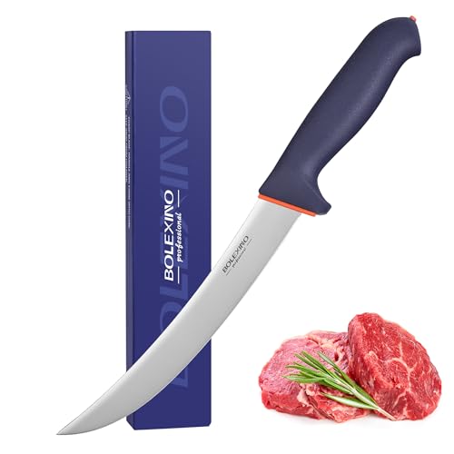 8 Inch Curved Breaking Knife for Meat Cutting - Non-Slip Softgrip Handle with Ultra Sharp Blade, Multi-Purpose Butcher Knife for Steak, Ribs, X50CrMoV15 Stainless Steel - color: ‌Navy Blue, size: 8"