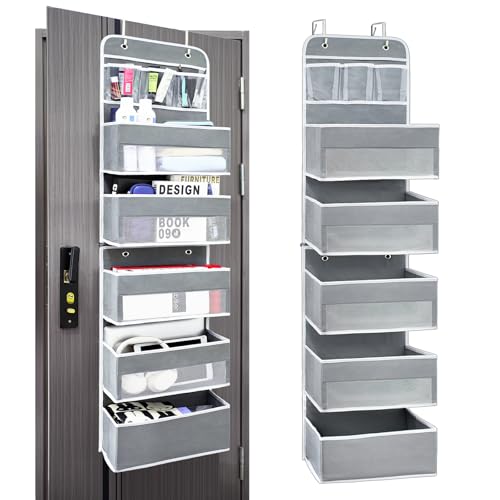 Easy Assembly Over The Door Organizer, 6 Shelves& 10 Side Pockets, Heavy-Duty Reinforced Mesh Rack Holds 44lb, Hanging Behind Door Storage for Bathroom Pantry, Nursery, Closet, Shoes, Towels-Grey - color: Grey, size: 6 shelf