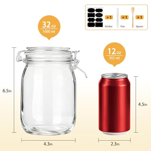 Flrolove 32oz Set of 4 Glass Kitchen Storage Canister Mason Jars with Lids | Airtight Glass Canister with Hinged Lid, Perfect for Kitchen Canning Cereal, Pasta, Sugar, Coffee Beans, Label & Chalk Marker - size: 32oz*4-round