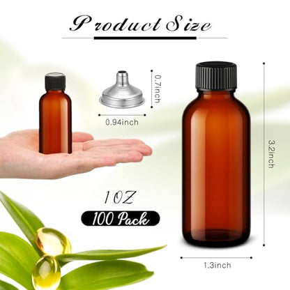 Hsei 100 Pcs 1 oz Amber Glass Boston Round Bottles with Black Cap Brown Sample Bottle Small Glass Containers with Lids and Funnel Chalk Labels Pen for Vanilla Extract Essential Oils - size: 1 oz