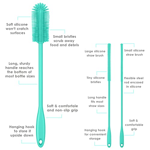3-in-1 Silicone Bottle Brush and Straw Cleaning Brush Set, Water Bottle Cleaner for Narrow Neck Containers, Tumblers, Flask, Vase and Glassware (Teal) - color: Teal