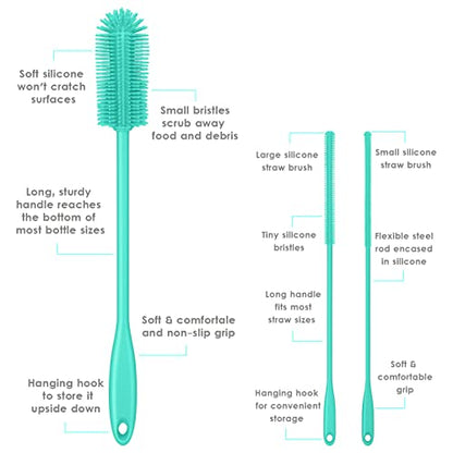 3-in-1 Silicone Bottle Brush and Straw Cleaning Brush Set, Water Bottle Cleaner for Narrow Neck Containers, Tumblers, Flask, Vase and Glassware (Teal) - color: Teal