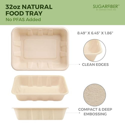 [100 COUNT]Harvest Pack 32 oz Compostable Food Trays, 8.49" x 6.45" x 1.86" Disposable PFAS FREE Food Container, Bagasse Rectangle Paper Plates, Sugarcane Eco-Friendly Plant Fibers, No Lids included