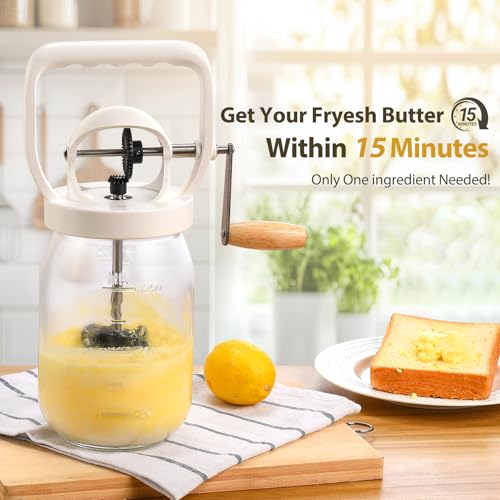 CAROD Classical Butter Churner, 1.5L Glass Jar with Hand Injury Prevention Device & Sifting Lid, 50oz Hand Crank Jar Maker Creates Fresh Homemade Butter within 15 Min, Ideal DIY Kitchen Gift