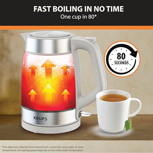 KRUPS Electric Kettle, 1.8-Qt (1.7L) Tea Kettle, 1500W with LED indicator, Hot Water Boiler, Auto Shut-off, Rapid 80-Second Cup Boiling, Safe Boil-dry Protection, Water Heater, Glass Carafe, Grey - style: Glass Kettle