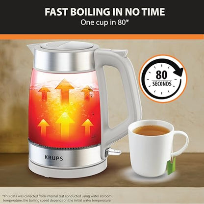 KRUPS Electric Kettle, 1.8-Qt (1.7L) Tea Kettle, 1500W with LED indicator, Hot Water Boiler, Auto Shut-off, Rapid 80-Second Cup Boiling, Safe Boil-dry Protection, Water Heater, Glass Carafe, Grey - style: Glass Kettle