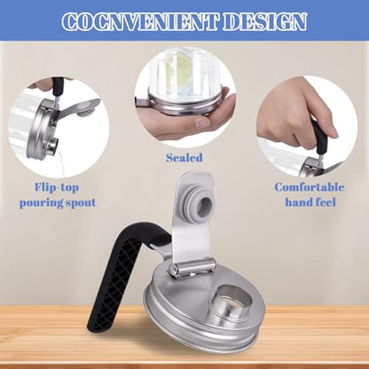 2 Pack Mason Jar Lids Stainless Steel Mason Jar Pour Spout Lid Regular Mouth with Handle Flip Cap Airtight Handle Lid,Canning Supplies. Leak Proof Seal Cover Easy To Open (86MM) - size: 86MM