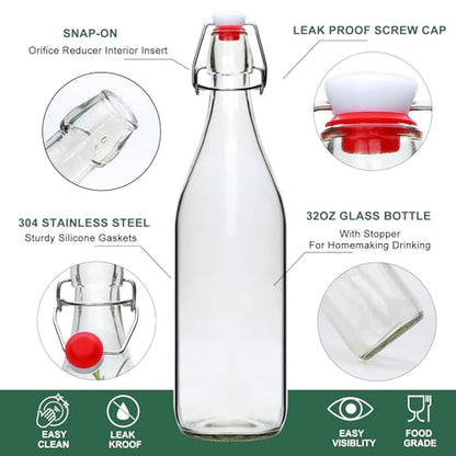 8 Set,Flip Top Glass Bottle,32oz Glass Bottle with Airtight Lid, Kombucha Bottles with Sealed Rubber Lid for Oil, Beer, Soda Water, Vinegar, Lemonade, Juice, Honey, DIY Storage Containers - size: 32oz-8pcs
