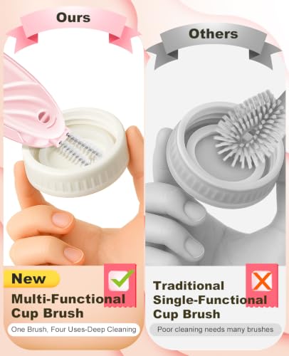 4 in 1 Cup Lid Gap Cleaning Brush Set 2 Pcs - Multifunctional Bottle Cleaning Brush Tools for Home Kitchen and Travel Cleaning | Portable Silicone Cup Lid Cleaner in 2 Colors (Beige & Pink) - color: Beige & Pink