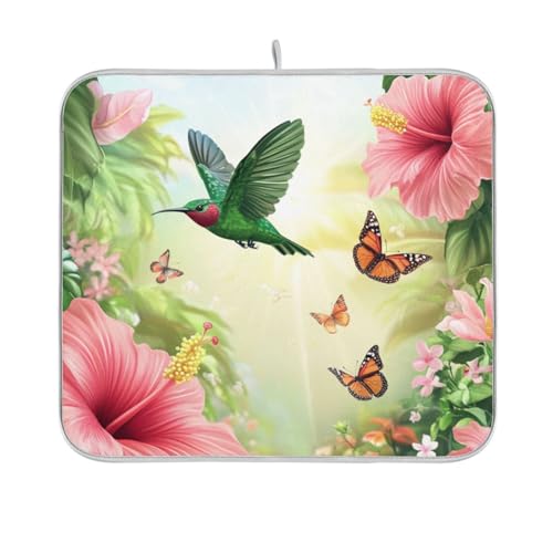 Flower Hibiscus Hummingbirds Green Dish Drying Mat for Kitchen Counter Microfiber Absorbent Dish Drainer Rack Mat Small Kitchen Drying Mat Heat Resistant Drying Pad for Counter 18x16 - color: Hibiscus and Hummingbirds Green, size: 16x18in