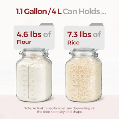 1.1 Gallon Wide Mouth Glass Canisters with Airtight Lids & Measurement Marks (2-Pack) – Includes 2 Measuring Scoops & Labels, Food Storage Jars for Flour, Sugar & Baking Supplies | BPA-Free