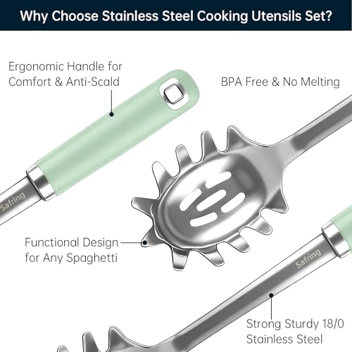 Safring Stainless Steel Soup Ladle and Spaghetti Spoon Set, Heat Resistant Rubber Handle, Dishwasher Safe, Kitchen Utensils for Cooking, Stirring, Serving Pasta, Soup & Sauce (Mint) - color: Mint