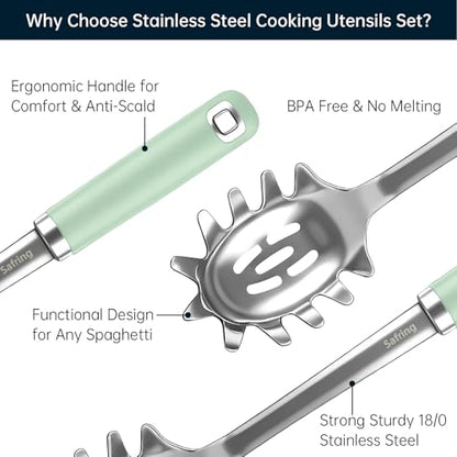 Safring Stainless Steel Soup Ladle and Spaghetti Spoon Set, Heat Resistant Rubber Handle, Dishwasher Safe, Kitchen Utensils for Cooking, Stirring, Serving Pasta, Soup & Sauce (Mint) - color: Mint