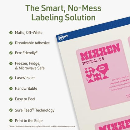 Avery Dissolvable Rectangle Labels, Sure Feed Technology, 4" x 3", Matte White, Print-to-The-Edge, Laser/Inkjet Printable, 20 Labels Total - style: 20 labels